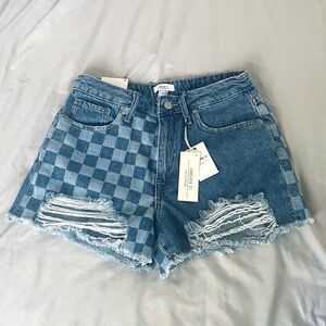 NWT Forever 21 High Waisted Distressed Checkered Denim Shorts-Size: 27